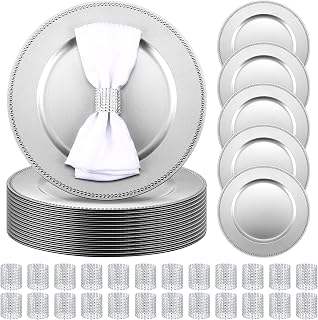 Rtteri 48 Pcs Charger Plates Set, Bulk 24 Plastic Plate Chargers with 24 Napkin Rings, 13 Inch Round Dinner Chargers for Table Setting Wedding Party Baby Shower Event Decoration(Sliver)