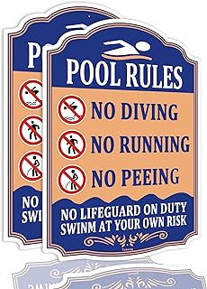 2 pack Pool Rules Sign，No Diving, Running, Peeing - Metal Sign，no lifeguard on duty,swinm at your own risk,Pool Signs for Outside,14"x10" Rust Free Aluminum,Easy Mounting Safety Tin Signs for Swimming Pool,Weather Resistant