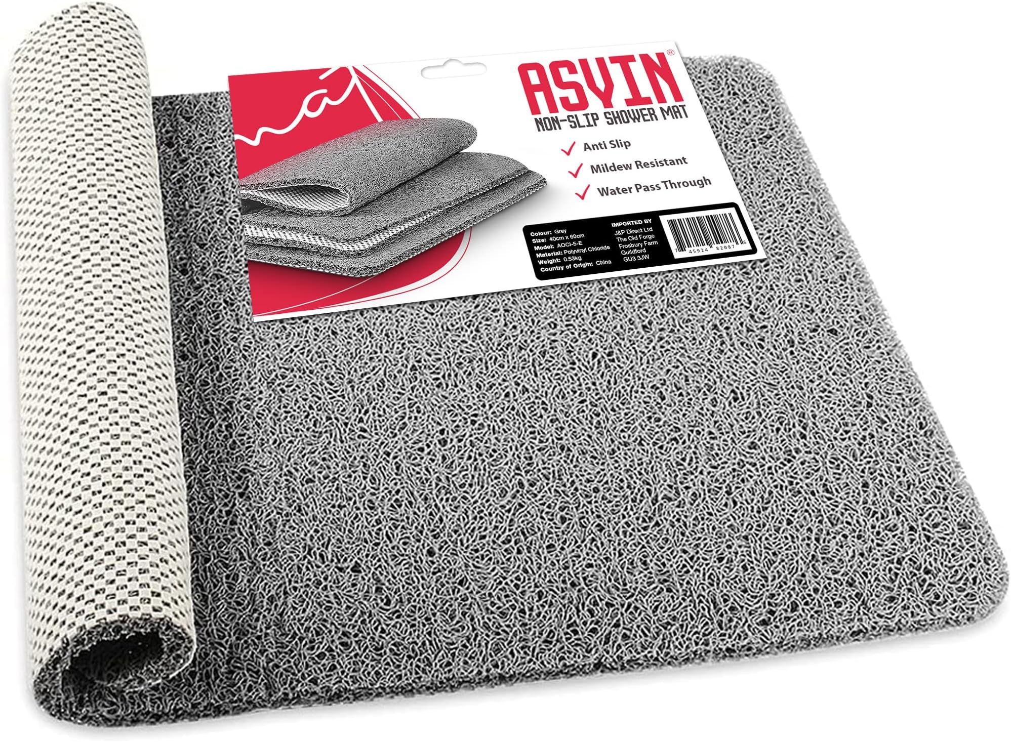 Asvin Soft Textured Shower Mat Non Slip Anti Mould for Inside Shower & Bath (24"x16" inch) Phthalate Free Rubber Loofah Bathroom Mats for Slippery Surfaces and Wet Areas, Quick Drying
