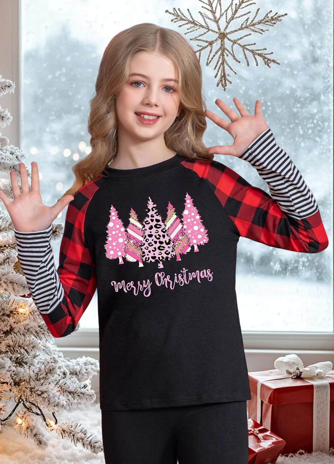 Girls Christmas Shirt Kids Merry Christmas Trees Shirts Ugly Xmas Santa Plaid Long Sleeve Tops 5-14 Years - Image 2
