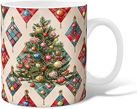 Christmas Tree Ceramic Coffee Mug, Christmas Festive Ornaments Plaid Green Novelty Office Drinking Cup with Handle Gift for Friends Family Lovers Eldership Senior Co-Worker 11 Oz