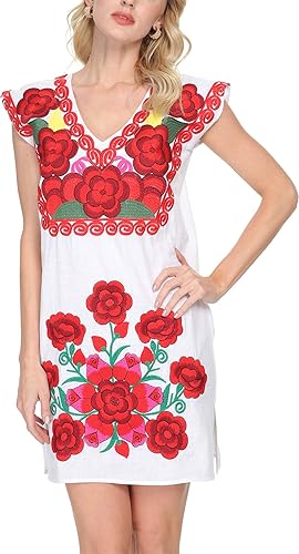 Miniatura 4 de YZXDORWJ - Vestido corto para mujer, estilo casual, cuello en V, bordado mexicano.