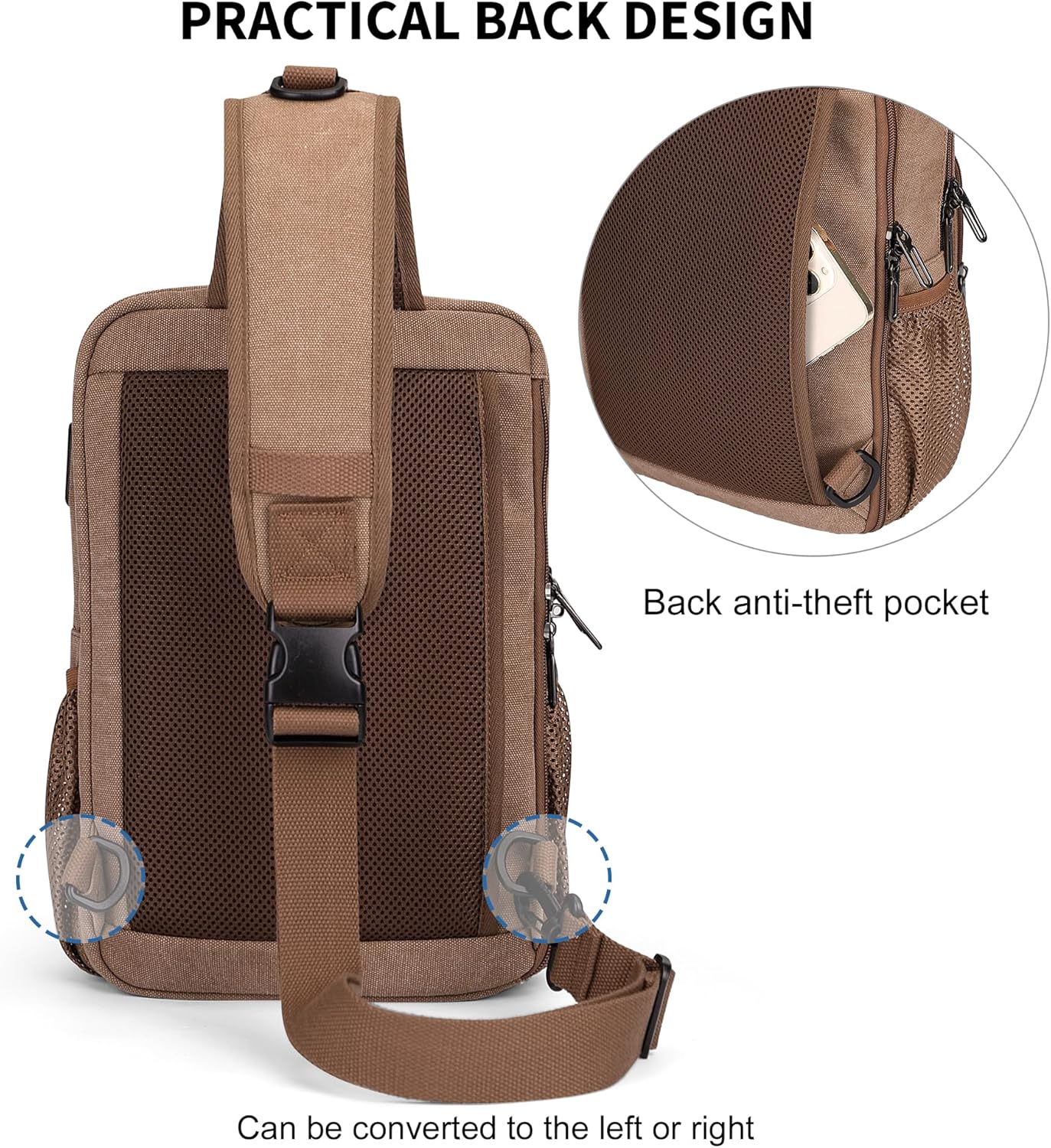 WITZMAN Sling Bag for Men Canvas Vintage Travel Crossbody Shoulder Bags Casual Large Chest Bag with USB Charging Port