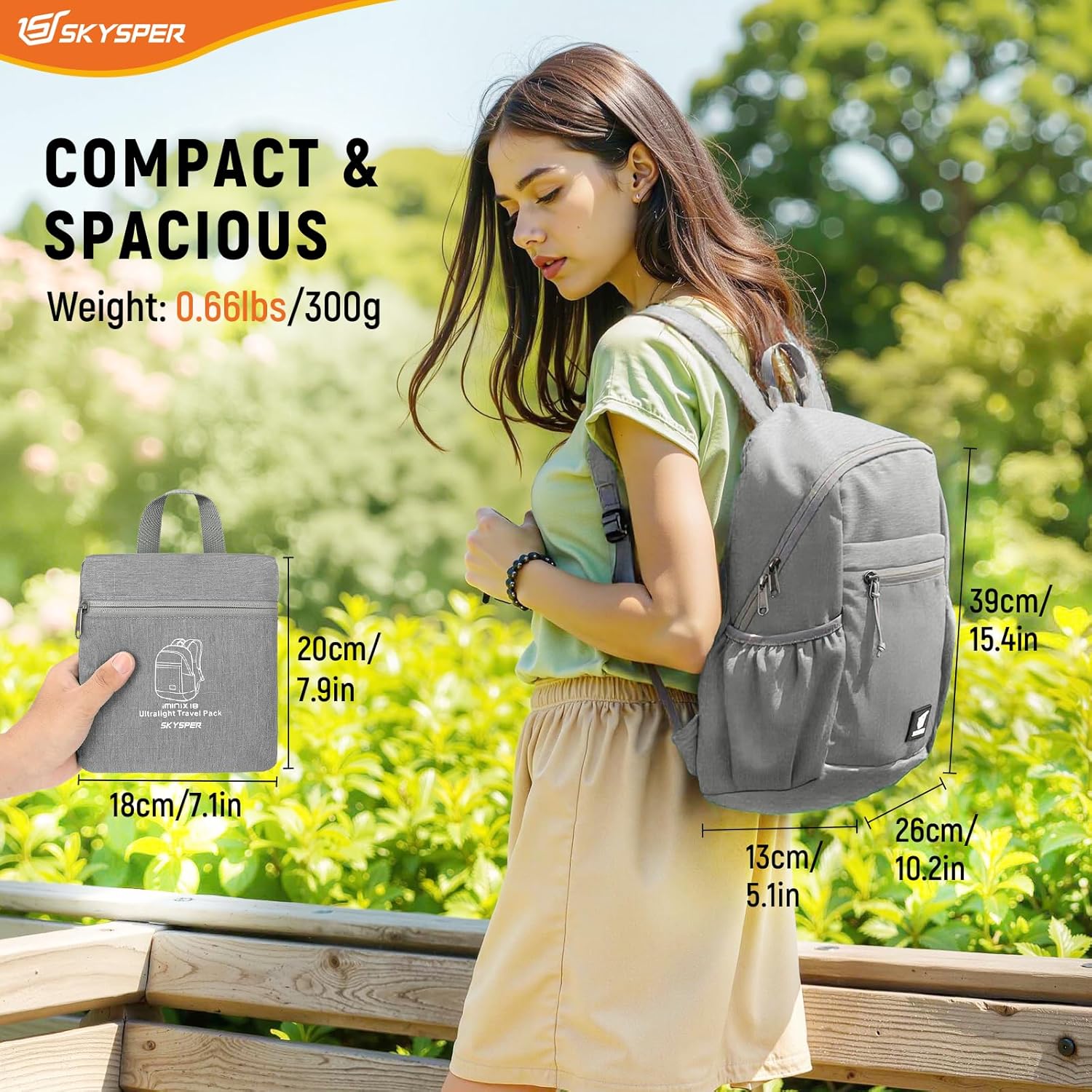 SKYSPER Anti Theft Hiking Backpack, 18L RFID Packable Travel Daypack, Lightweight Foldable Back Pack for Walking Daytrip