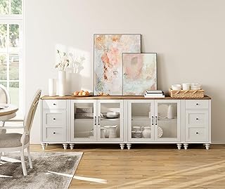 WAMPAT Kitchen Buffet Sideboard Cabinet with 4 Glass Door, Mid-Century Cupboard & End Table with Charging Station, 4-in-1 Console Table Entertainment Center for Living Room Dining Room, Off White