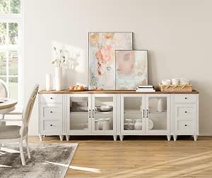 WAMPAT Sideboard Buffet Cabinet With 2 Drawers & 4 Doors – Mid-Century Kitchen Storage With Charging Station, Wash Grey