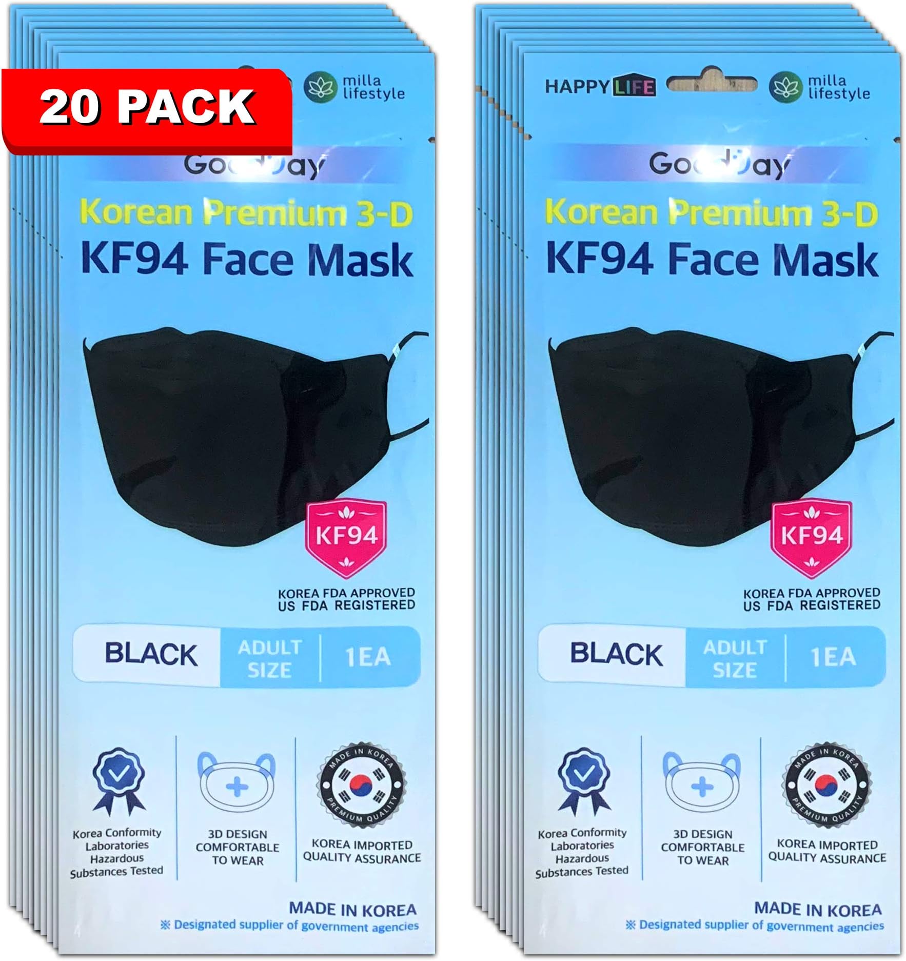[20 Pack] GoodDay KF94 English Packaged Black Disposable