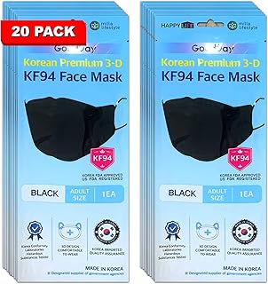 [20 Pack] GoodDay KF94 English Packaged Black Disposable Face Mask for Adults, Made in KOREA, Individually packaged - Black/Large