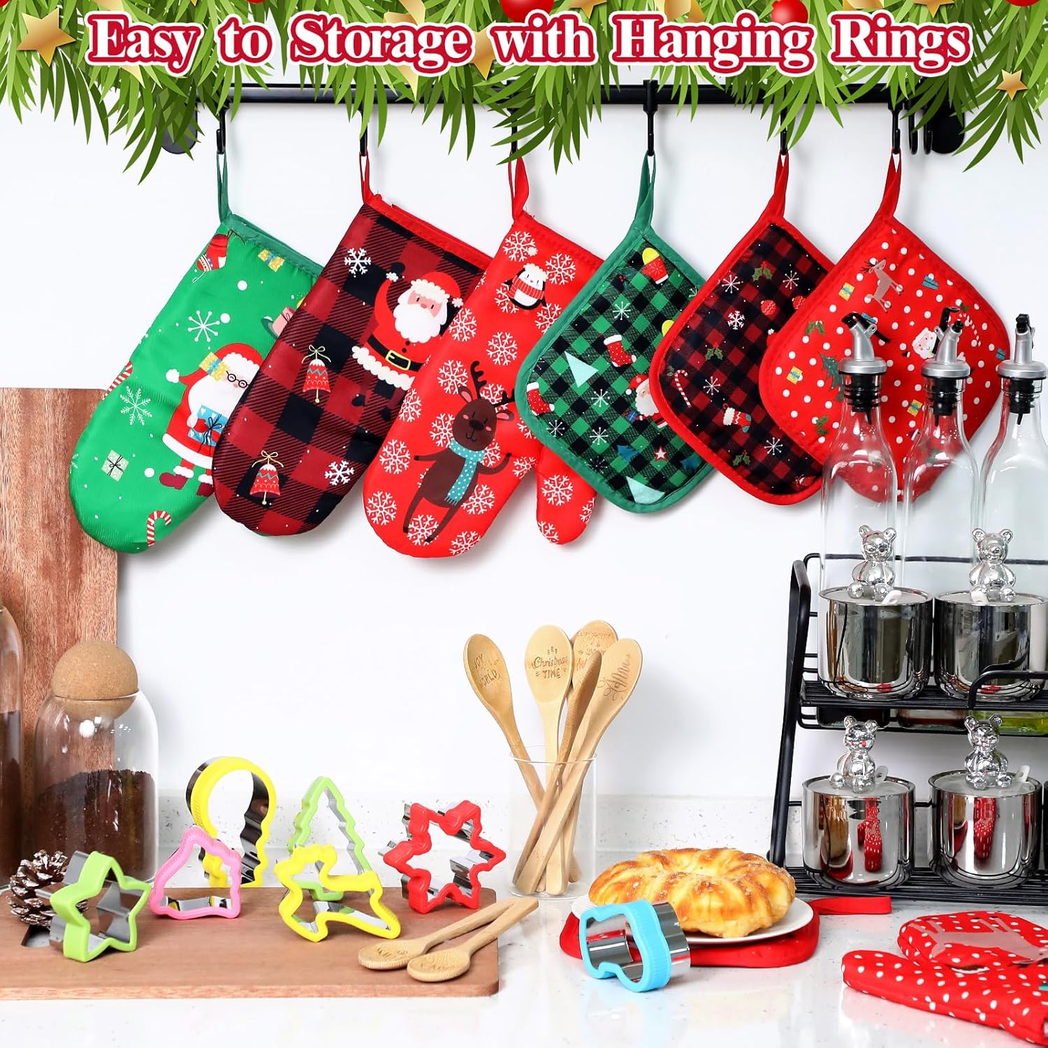 Suclain 32 Pcs Christmas Oven Mitts Pot Holders Baking Gift Set Pack Holiday Baking Cookie Cutters Wooden Spoons Kitchen Xmas Supplies for Friends Coworker Family Cooking Lover Presents