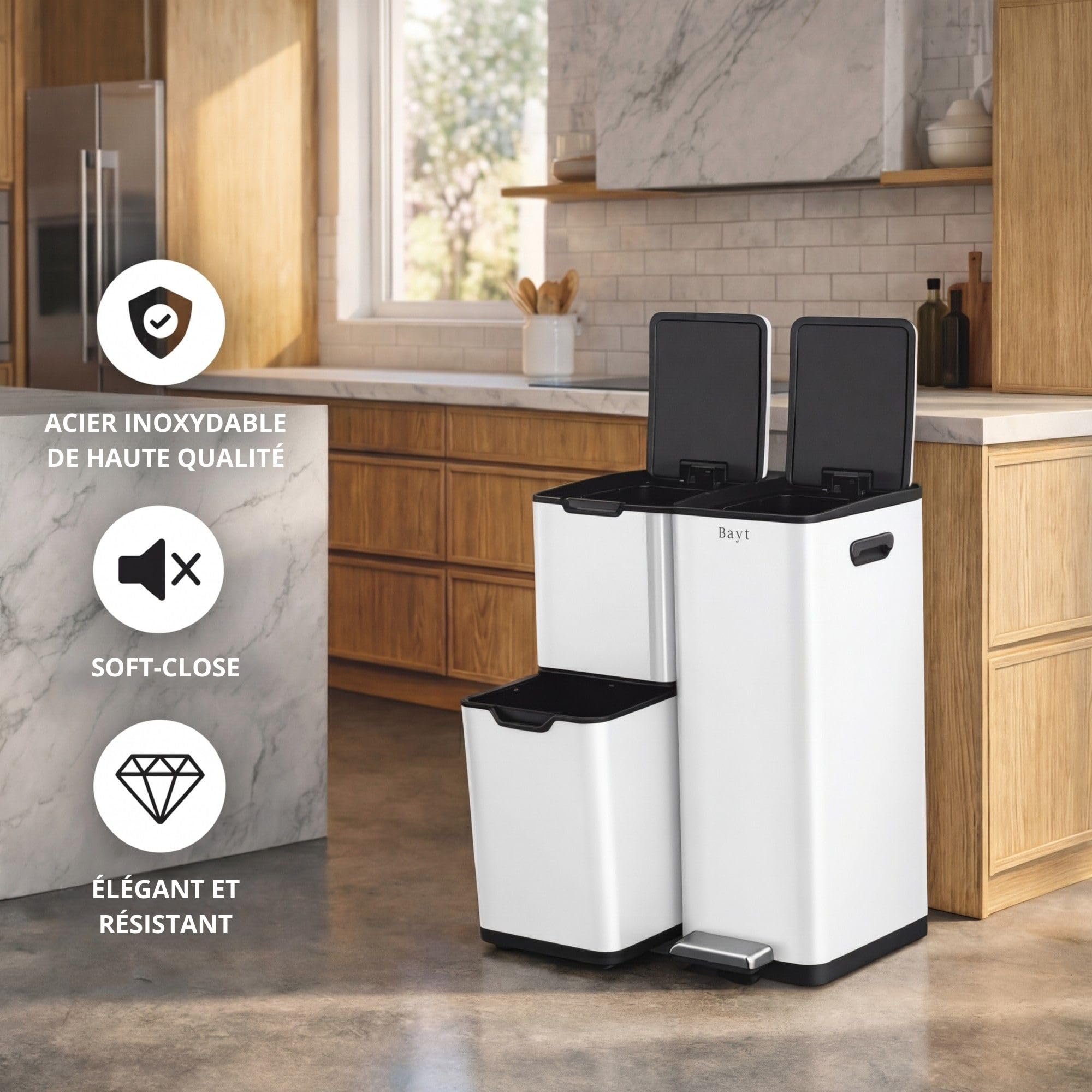 Bayt Poubelle Cuisine 60 Litres - Poubelle Tri Selectif Cuisine Pédale 60L | De Tri Déchets et Recyclage 3 Compartiments | Bac De Tri Inox Anti Odeur | Poubelles a Pedale 3 Bac Chambre - Blanc