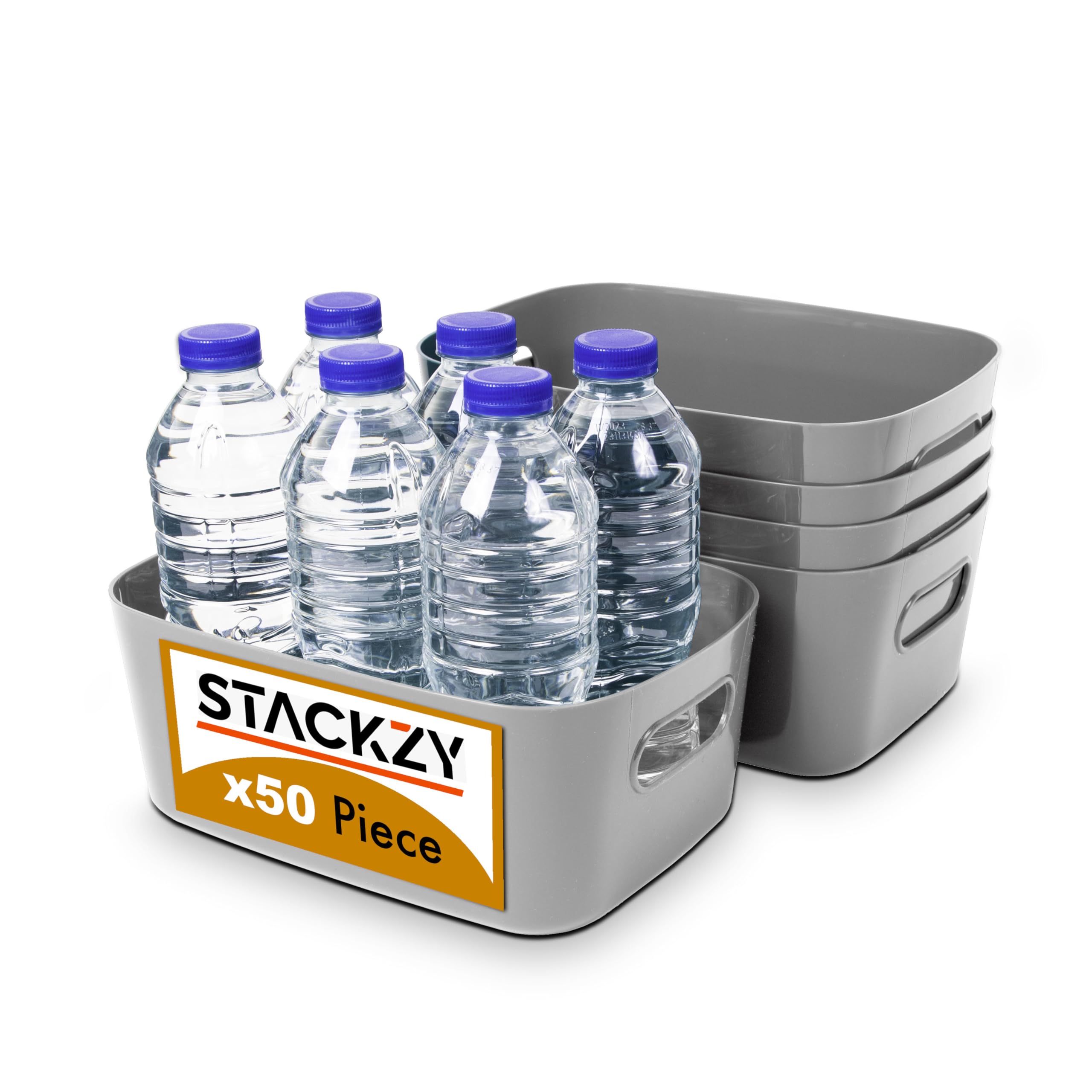 Under Sink Storage Boxes – Strong Storage Baskets with Handles – Home, Kitchen and Bathroom Organiser – Rectangular Multi Use Storage Boxes –– Stackable Pantry Basket – Grey, 50pcs – by Stackzy