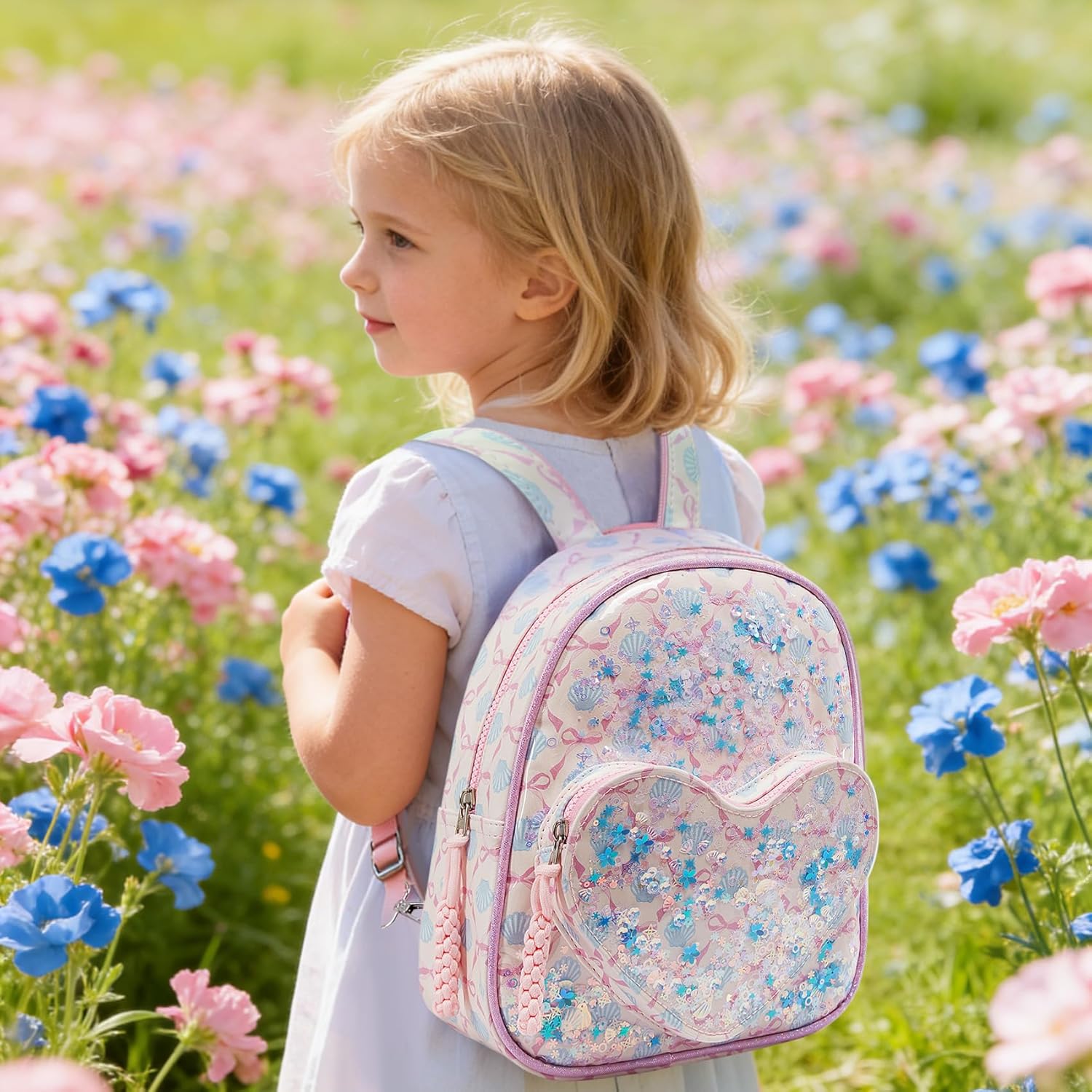 Cute Toddler Little Kids Pink Backpack 3 4 5 6 7 8 Year Old Girl Preschool Kindergarten Graduation Birthday Gifts, Sparkly Sequin Purse Girls Summer Camp Beach Vacation Essentials Bow Shell Decor