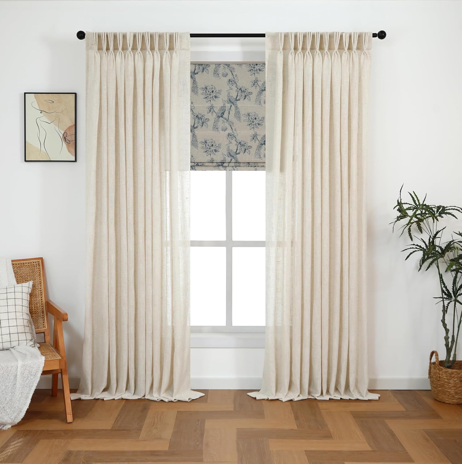 Everyday Celebration Peacock 100% Blackout Dual Layered Pull-Down Roman Shade for Windows, Peacock Pattern Printed on Natural Fabric Roman Shades for Home 23" Wx64 H Blue