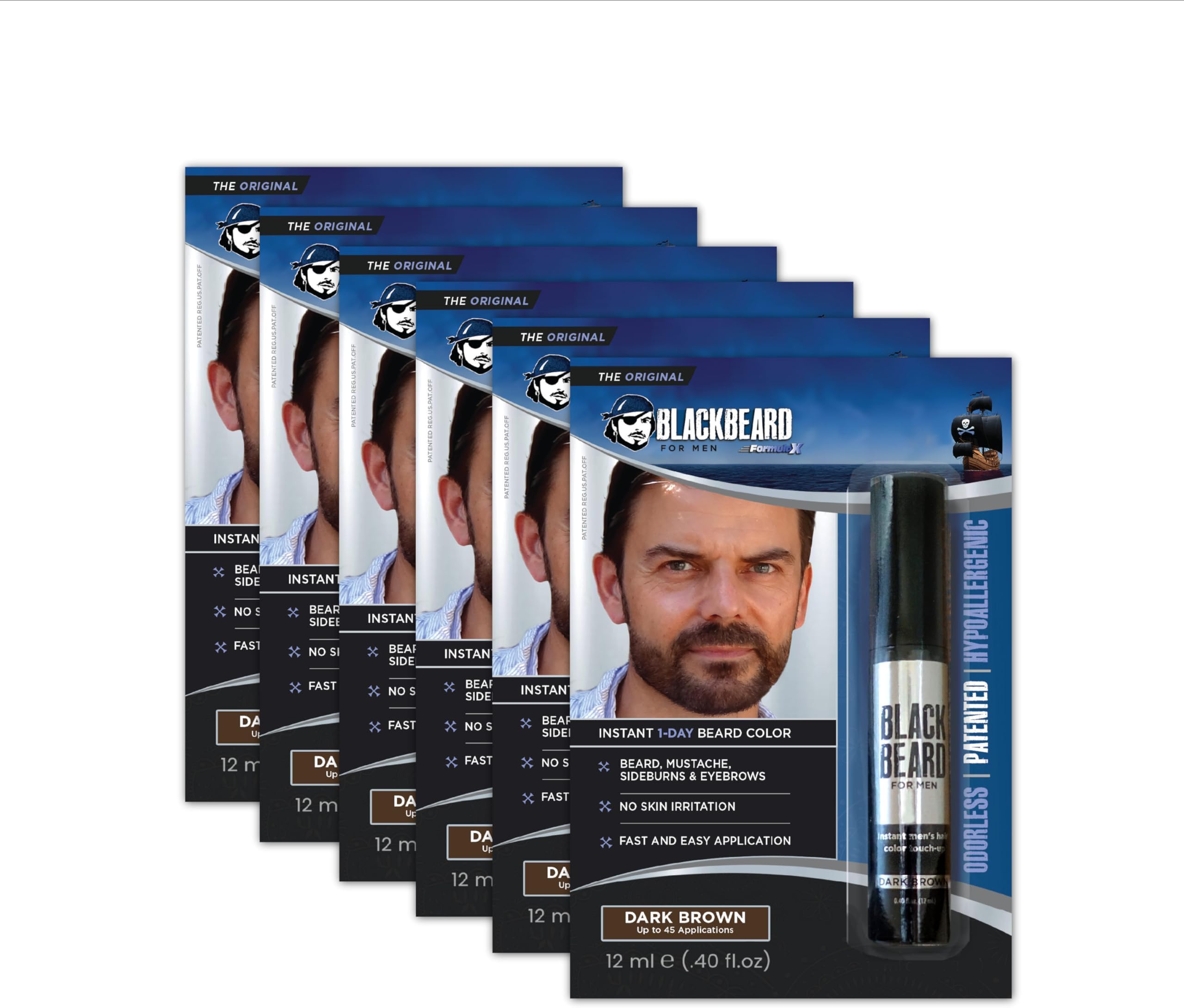 Blackbeard for Men Beard Color – 1-Day Beard, Mustache, Eyebrow, Sideburns Color – Temporary Facial Hair Tint - Hypoallergenic Beard Dye Alternative – Up to 45 applications – Dark Brown, 6 Pack