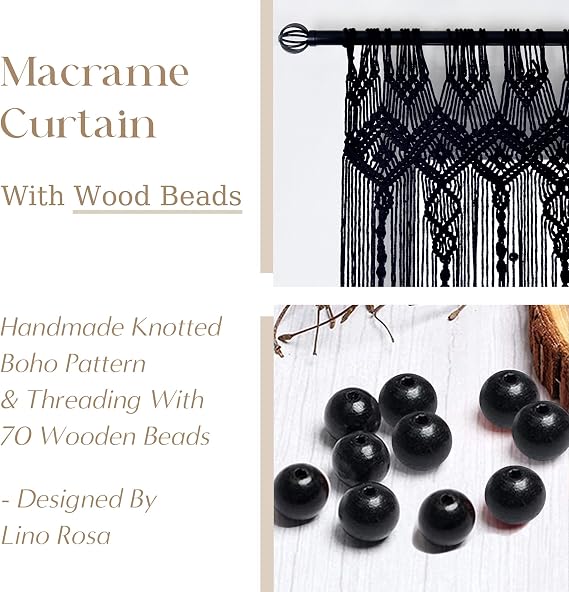 Lino Rosa Beaded Door Curtain for Doorway, Goth Witchy Black Macrame Beads Curtain for Closet Bedroom Wall Hanging Tapestry Grunge Room Decor