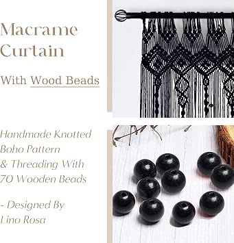 Lino Rosa Beaded Door Curtain for Doorway, Goth Witchy Black Macrame Beads Curtain for Closet Bedroom Wall Hanging Tapestry Grunge Room Decor