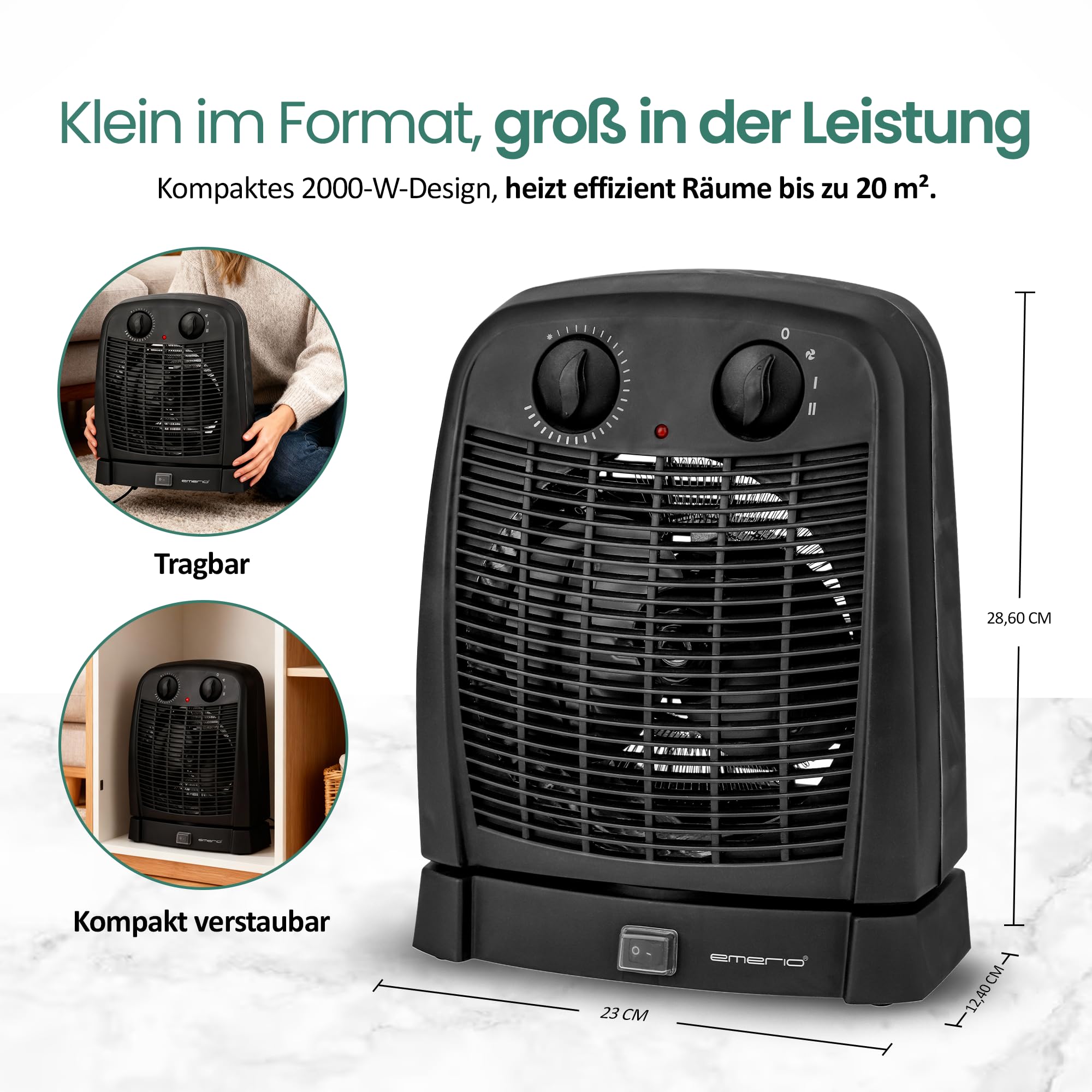 EMERIO Calentador de ventilador | para habitaciones de hasta 20 m² | 2000 W | IP21 | 2 niveles de calor | termostato ajustable | oscilante | función de ventilador | protección antivuelco | FH-111910.2