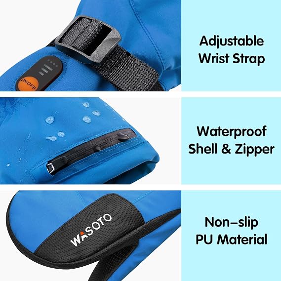 WASOTO Heated Mittens for Kids - Waterproof Electric Heated Ski Gloves for Skiing, Snowboarding, Snowmobiling, Hiking (PU)