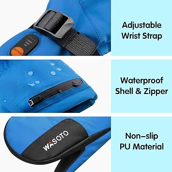 WASOTO Heated Mittens for Kids - Waterproof Electric Heated Ski Gloves for Skiing, Snowboarding, Snowmobiling, Hiking (PU)