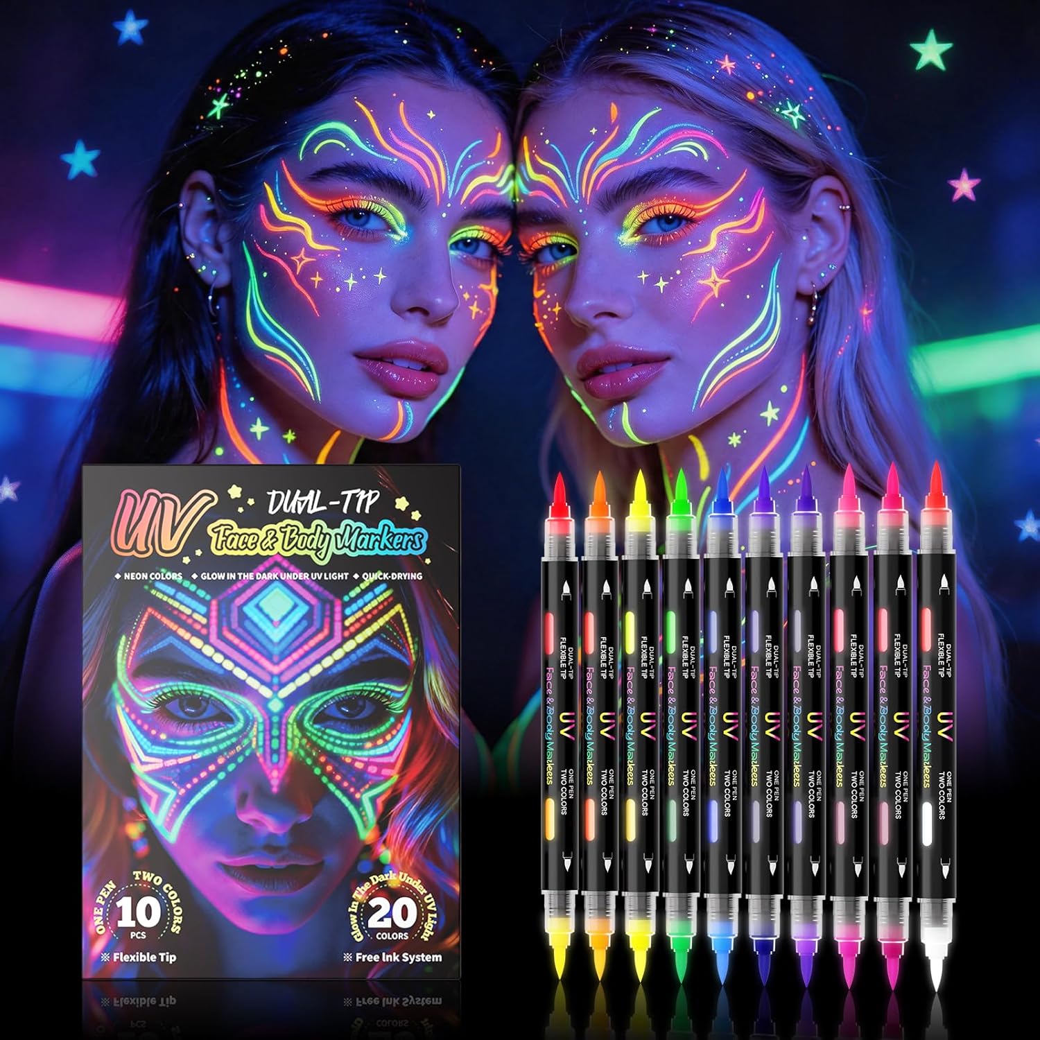10pcs 20 Colors luminous body painting, UV neon face painting pen, luminous face painting kit, washable skin tattoo pen, Halloween party makeup (20 colors)