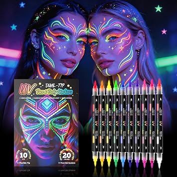 20 Colors 10Pcs Dual Tip UV Neon Face & Body Paint Markers, Glow Fluorescent Washable Skin Safe Tattoo Pens, Halloween Rave Festival Party Cosplay Art Makeup Painting Kit (20 colors 10Pcs)