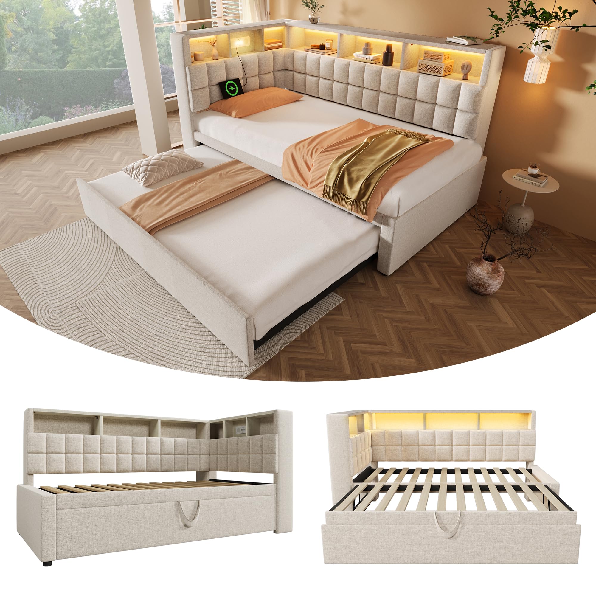 Letto imbottito in lino, 90 x 200 cm, con letto estraibile 90 x 190 cm, LED, altoparlante Bluetooth, porta di ricarica USB e tipo C, testiera a L con scaffalatura, divano letto/letto degli ospiti