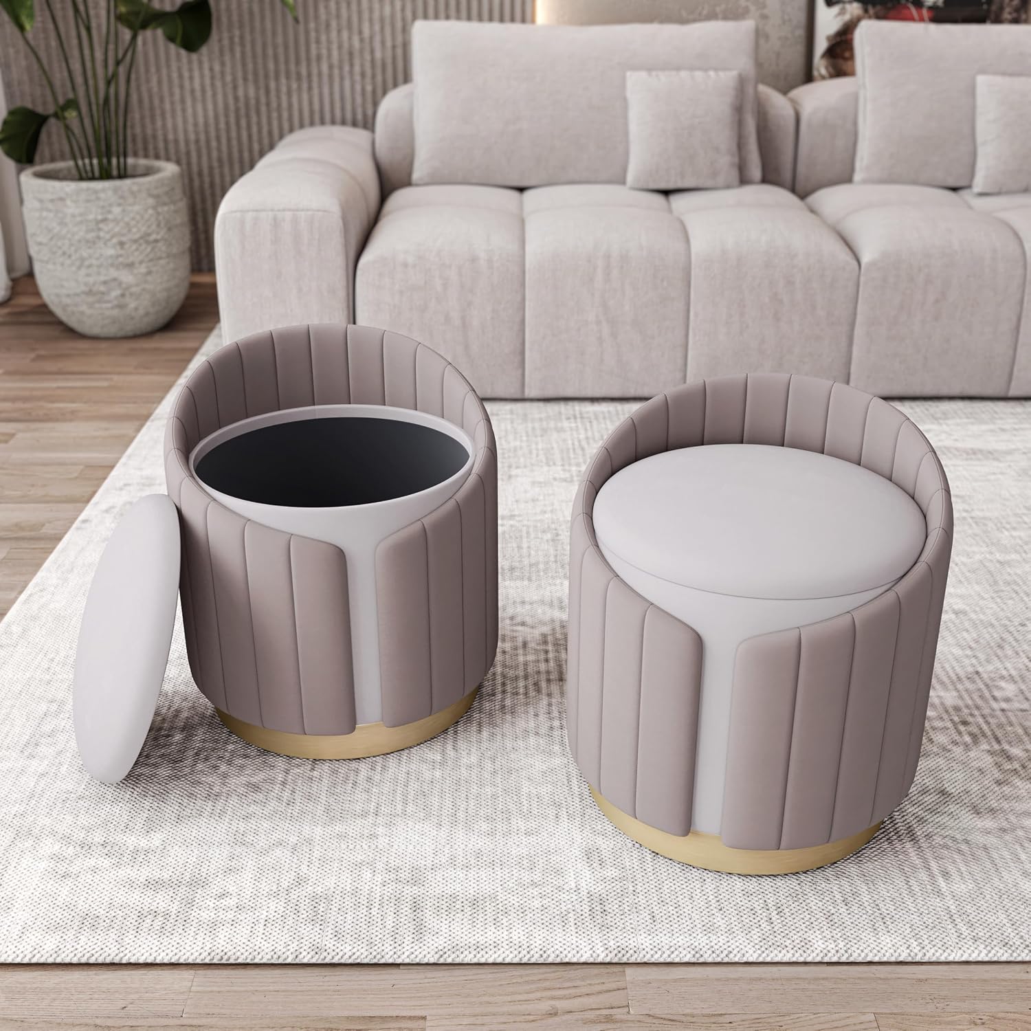 Plush Velvet Vanity Stool Ottoman with Storage, Taupe