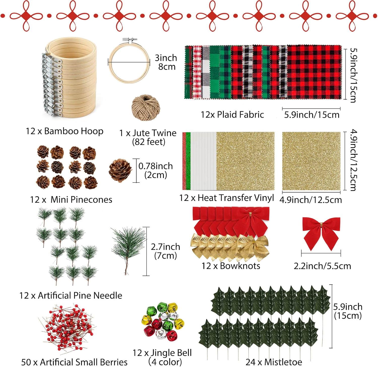 Caydo 12 Pack Christmas Ornament DIY Craft Kit Includes 3 Inch Bamboo Embroidery Hoops, Christmas Plaid Fabric, Mini Pine Cones, Artificial Pine Needle and Small Berries for Christmas DIY Decor
