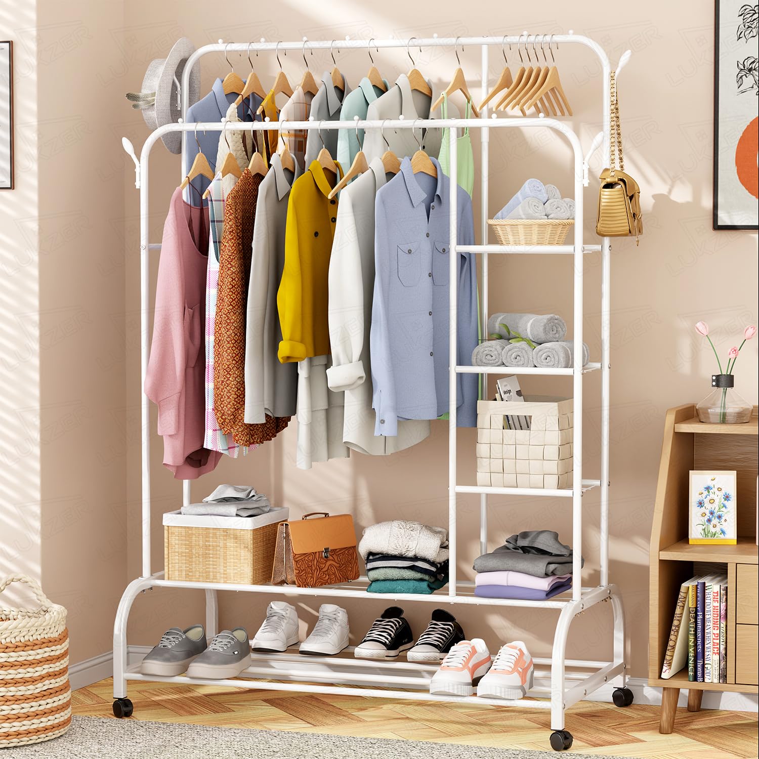 Lukzer Metal Garment Stand with 6 Shelves & Double Rods, Heavy-Duty Clothing Rack with Side Hooks & Wheels, Multi-Functional Storage Organizer for Bedroom, Laundry & Entryway - (MGS-008/White)