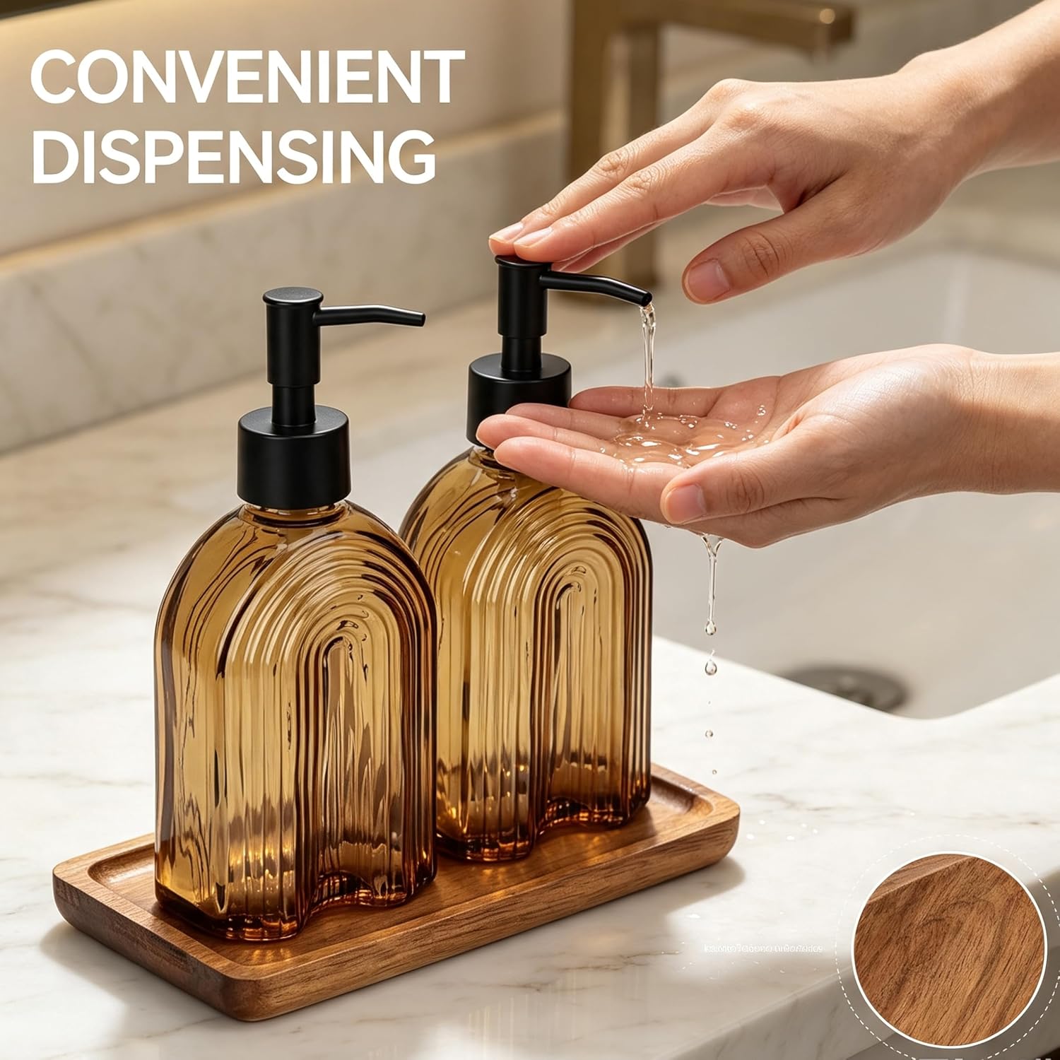 Amber Glass Soap Dispenser Set with Wood Tray, 12Oz Refillable Kitchen&Bath image 5