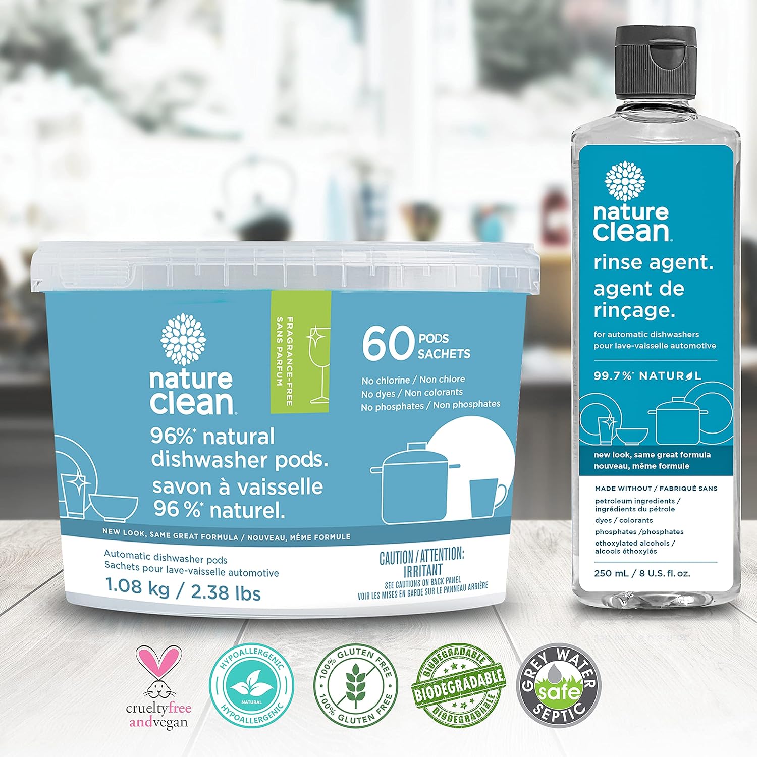 NATURE CLEAN Natural Dishwasher Detergent Pods + Natural Rinse Aid Liquid Set. Plant-Based Fragrance-Free Organic Pods. Eco-Friendly Dishwasher Tablets. 60 count + 8 oz
