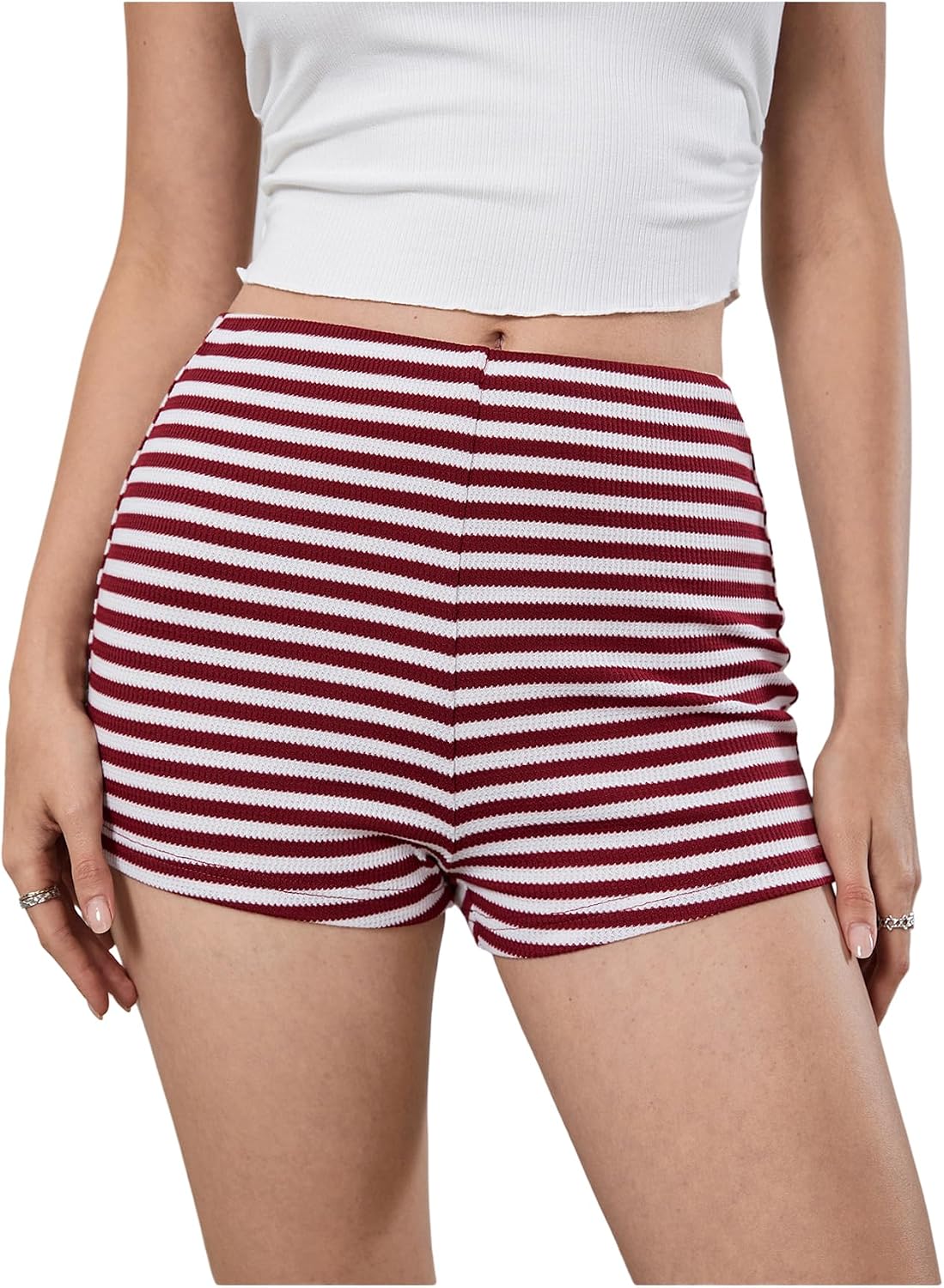 MakeMeChic Women's Summer Crochet Shorts Striped Knit Pajama Micro Mini Shorts Lounge Bottoms