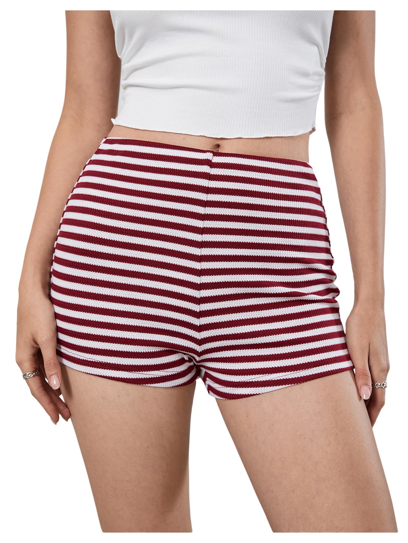 MakeMeChic Women's Striped Shorts Red Crochet Micro Shorts Lounge Wear