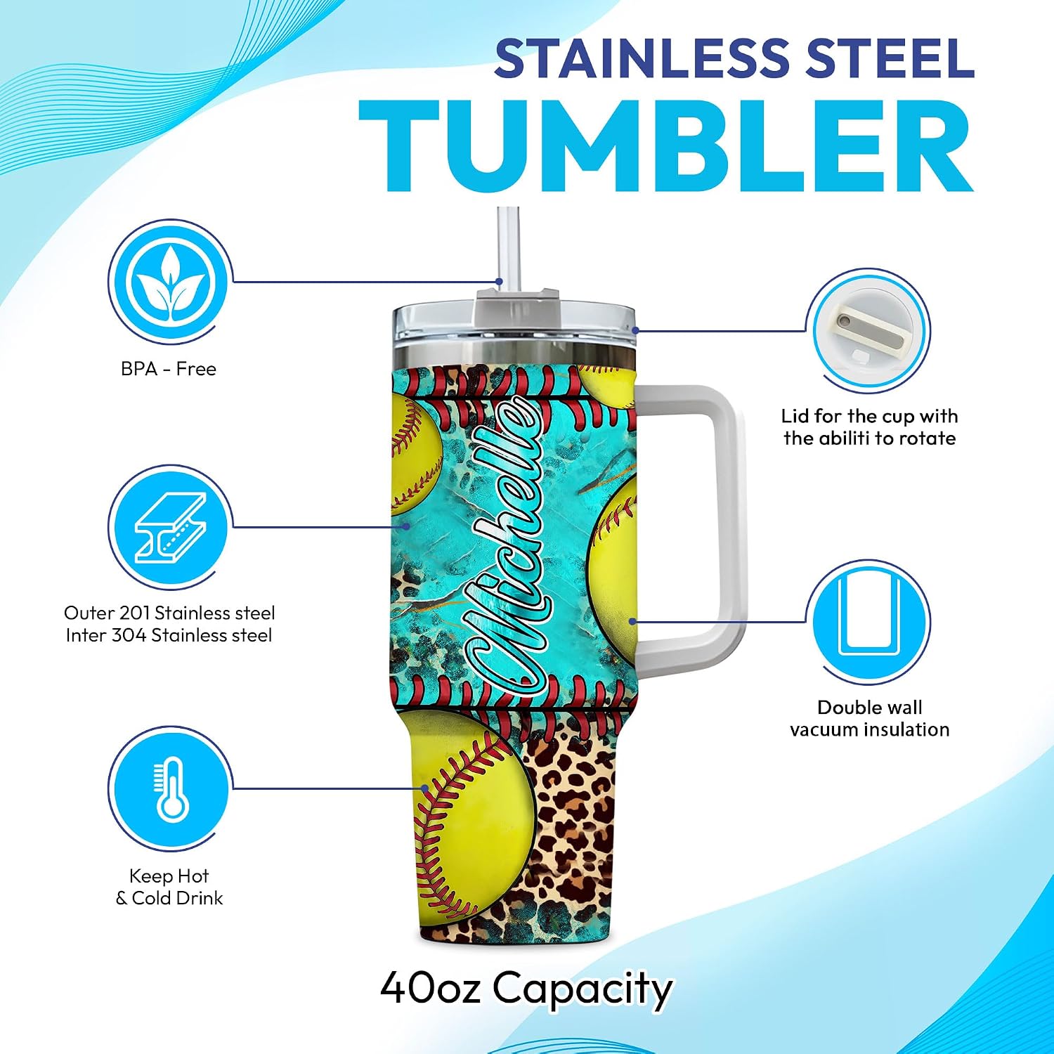 Hyturtle Personalized Gifts For Softball Lover Tumbler 40oz with Handle and Straw - Stainless Steel Travel Coffee Cup With Lid - Cute Sport Lover Gifts For Women, Girl Coach On Birthday Christmas