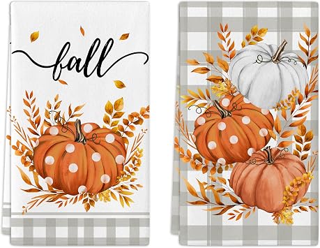Fall Hand Towels Set of 2 Buffalo Plaid Pumpkin Bathroom Decorative Towel Thanksgiving Decorations for Home Farmhouse Kitchen Harvest Gifts 18x26 Inch