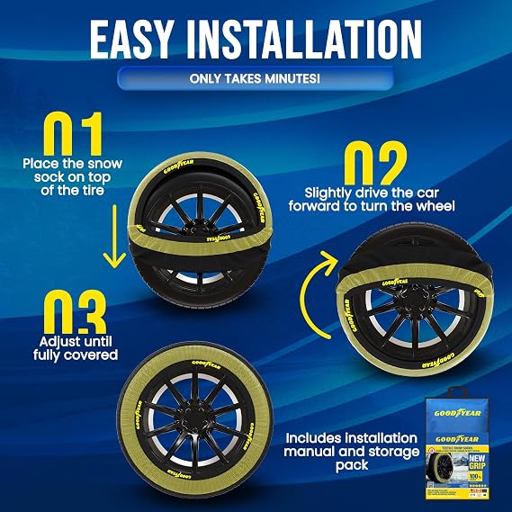 Goodyear Grip Snow Socks for Tires. Designed for All Tire Brands. Textile Chain Replacement for Optimal Traction in Snow & Ice. Easy Install. Emergency Winter Safety Solution, Multi-Season Use. Sz XL