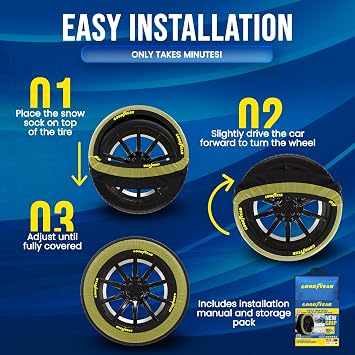 Goodyear Grip Snow Socks for Tires. Designed for All Tire Brands. Textile Chain Replacement for Optimal Traction in Snow & Ice. Easy Install. Emergency Winter Safety Solution, Multi-Season Use. Sz XL