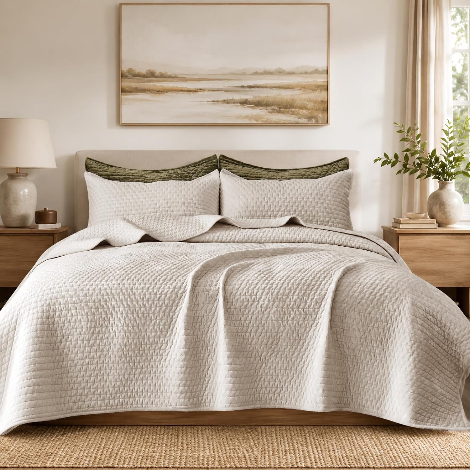 Oversized King Quilt Set 120x120 Extra Large Velvet Bedspread | Exquisite Quilted Stitching,Soft Comforter with 2 Shams,Full Floor Length Coverage,Heavy Layering For All Season Beige