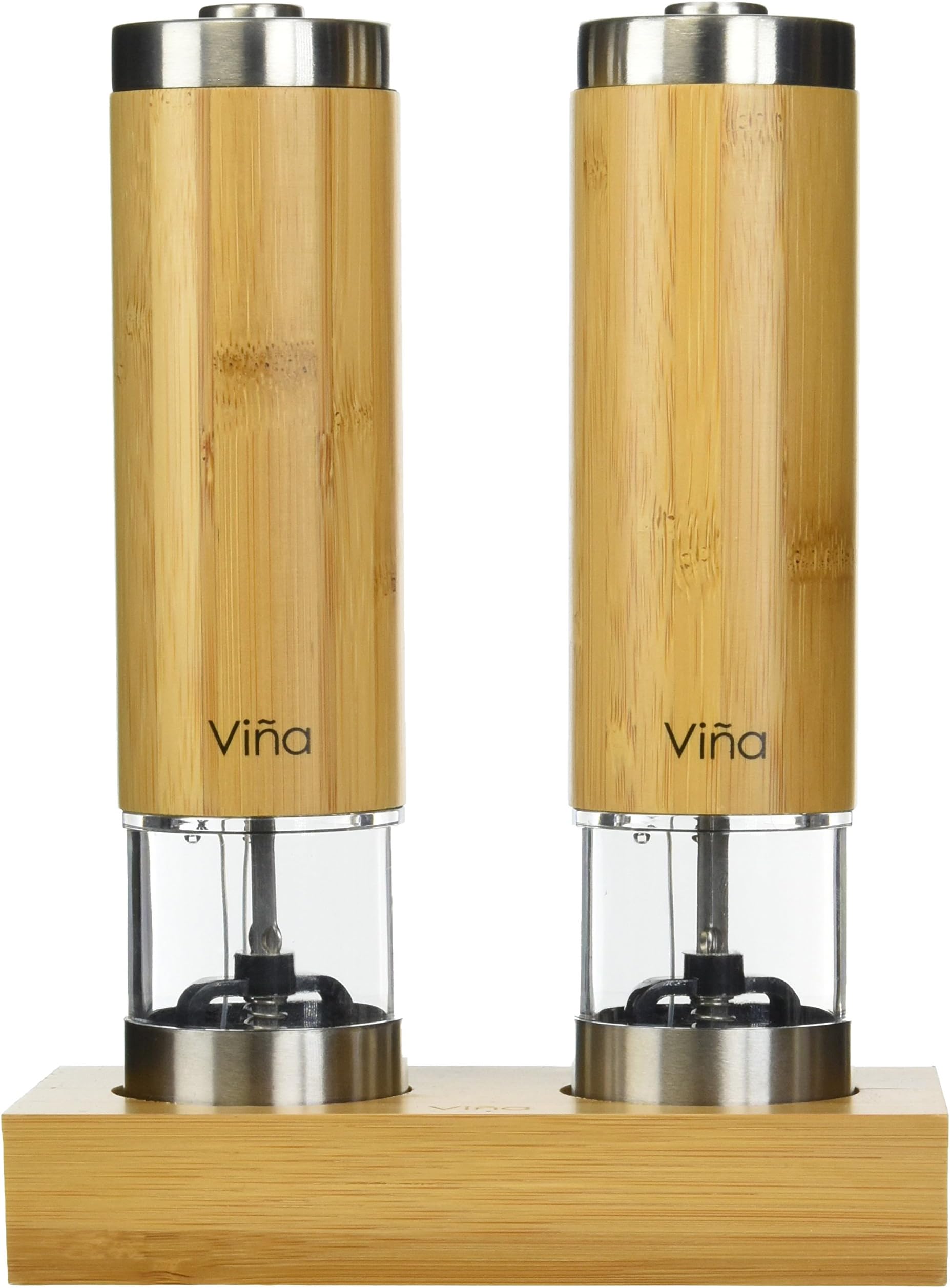 Vina Electric Automatic Salt and Pepper Grinder Set, Battery Operated, LED Light and Adjustable Ceramic, Stainless Steel and Bamboo Body Pepper Mill with Stand, Pack of 2