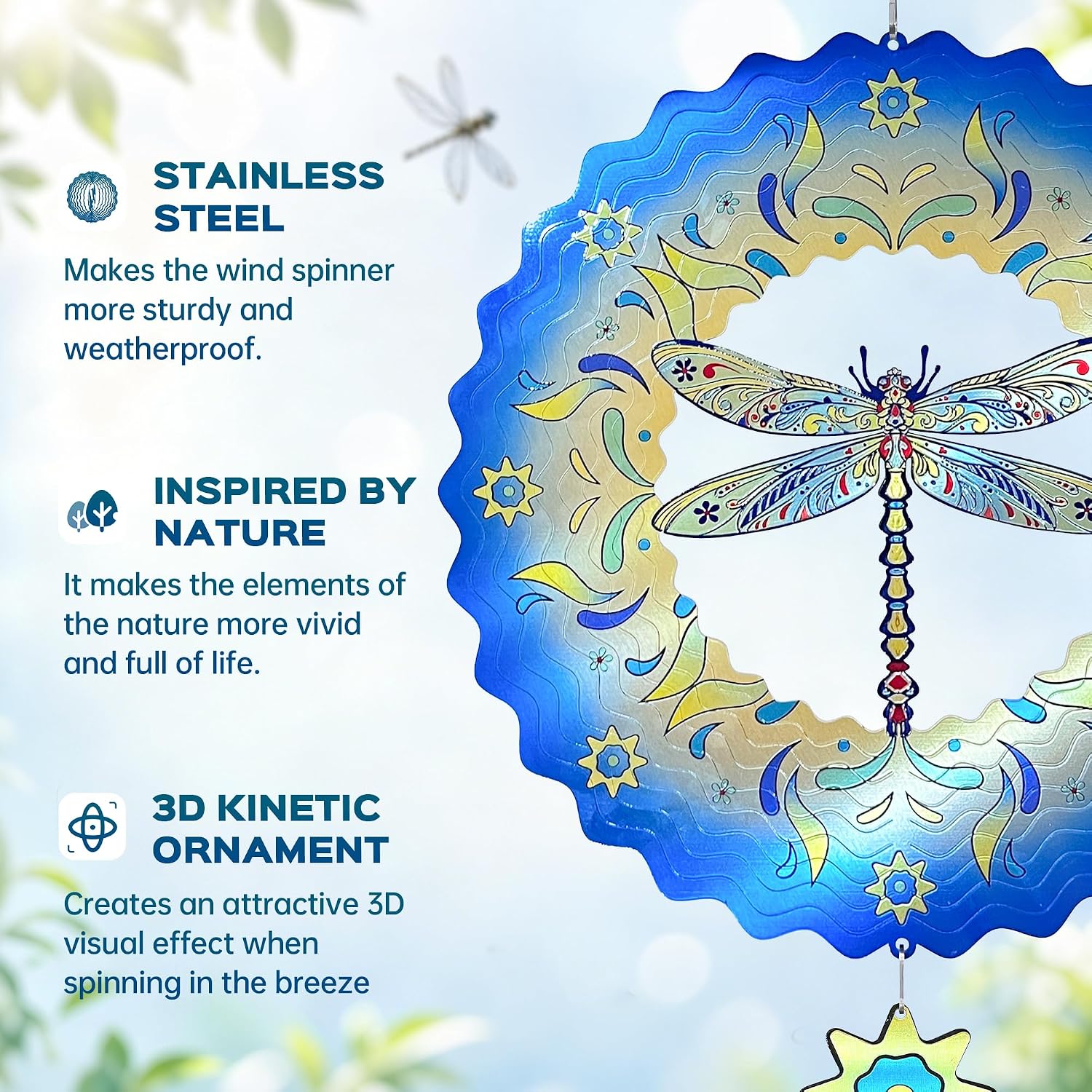 Dragonfly Wind Spinners for Outside, IDEA SHOW 3D Kinetic Metal Hanging Yard Art Decor with Pendant, Blue Mandala Stainless Steel Garden Outdoor Decorations for Patio Lawn, Gifts for Women image 3