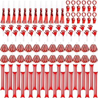 Yunsailing 96 Pcs Homecoming Noisemakers Team Spirit Accessories for Game Day Include Hand Clappers Cheerleading Pom Pom Thunder Stick Cheer Party Blower Plastic Whistle for Sport Fans(Red White)