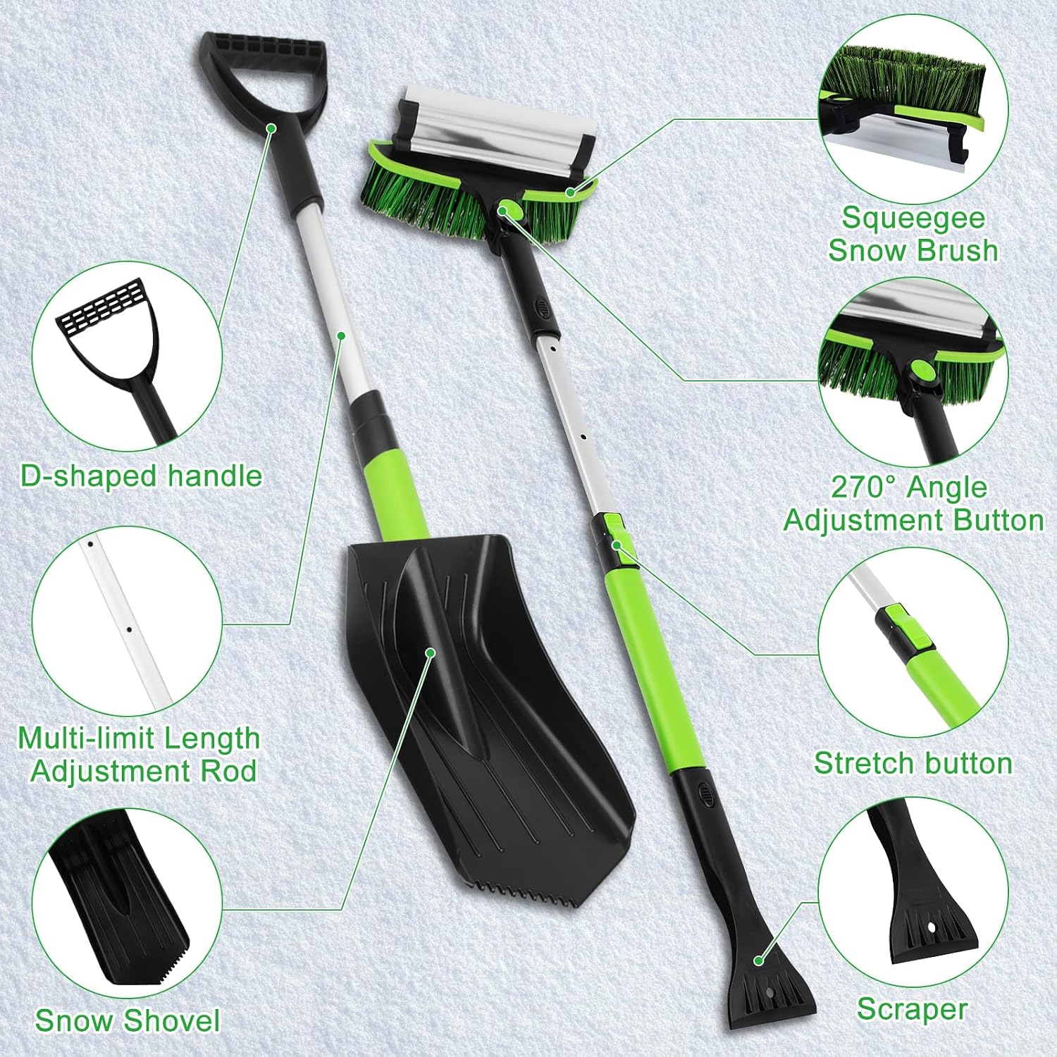 Hasfu Ice Scraper and Snow Brush for Car Windshield, Snow Shovel with Ergonomic Foam Grip Ergonomic, 5 in1 Windows Scraper for Cars, Trucks, SUVs (31.5" to 39.3")