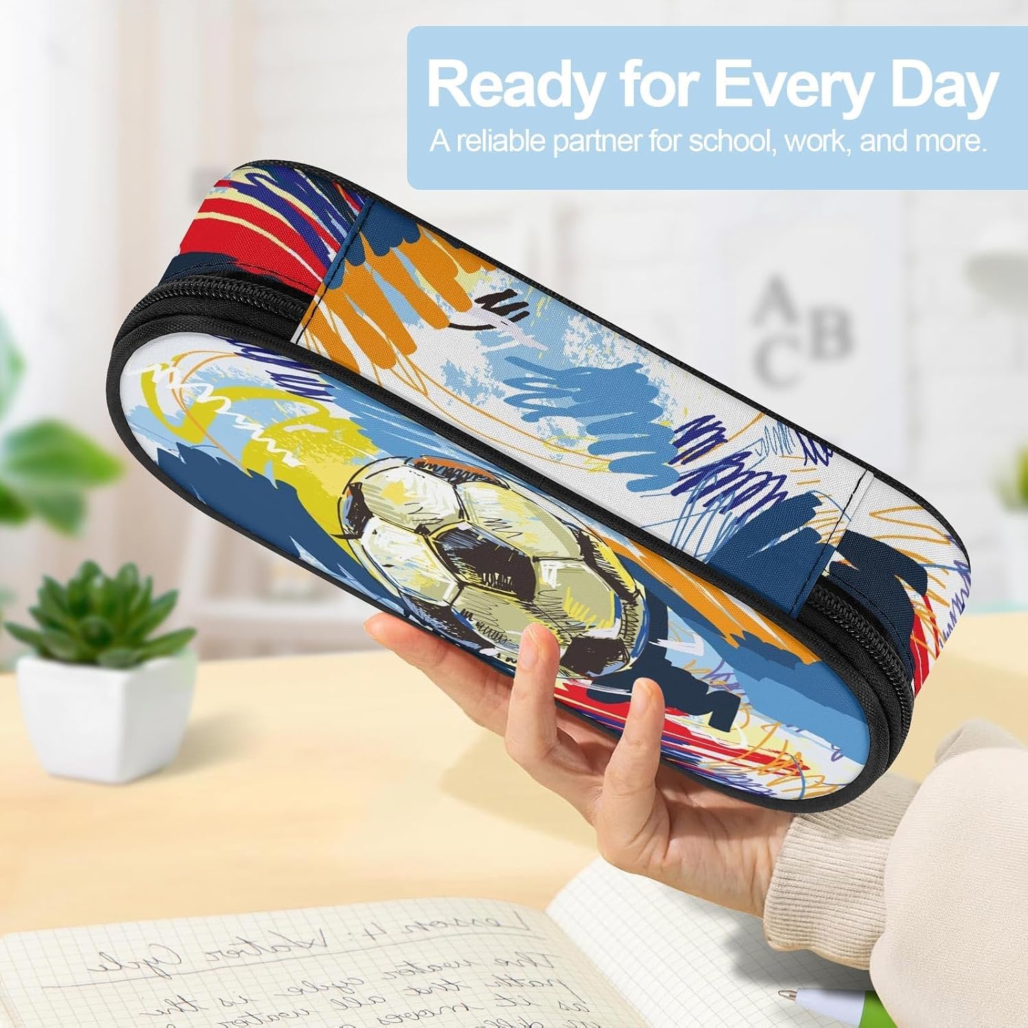 Soccer Large Pencil Case Big Capacity Pencil Pouch for Kids Girls Boys Teen Women Men, Portable Kids Pencil Bag with Zipper, Stationery Storage Pen Bag for School Supplies Office Organizer