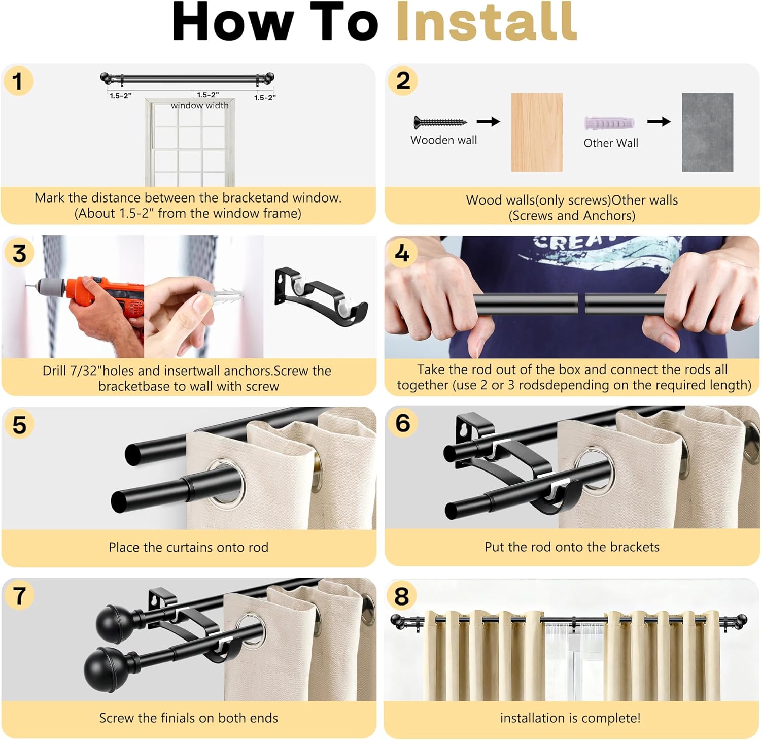 Adjustable Double Curtain Rods for Windows Set 30 to 57 Inch, Black Curtains Rod with 2PCS Brackets, Small Extra Long 5/8 Diameter Blackout Cortineros Para Ventanas for Bedroom, Living Room