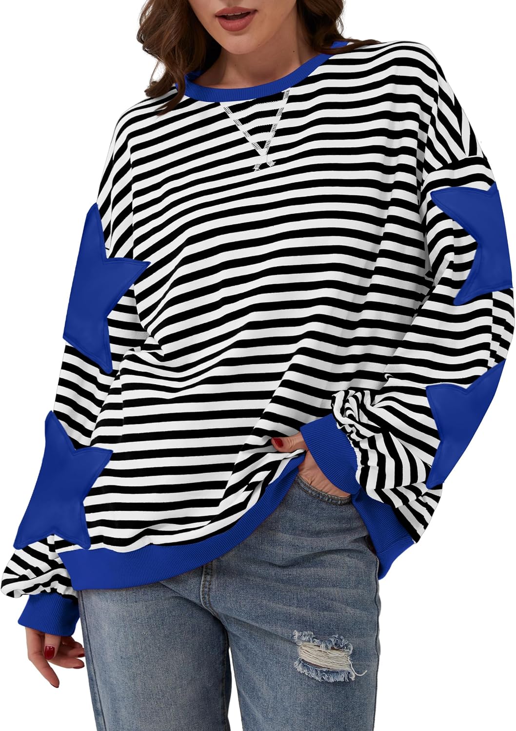 TERIVEEK Women Oversized Striped Color Block Long Sleeve Crew Neck Sweatshirt Casual Loose Pullover Y2K Shirt Top image 4