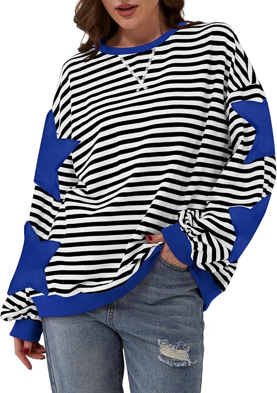 TERIVEEK Women Oversized Striped Color Block Long Sleeve Crew Neck Sweatshirt Casual Loose Pullover Y2K Shirt Top