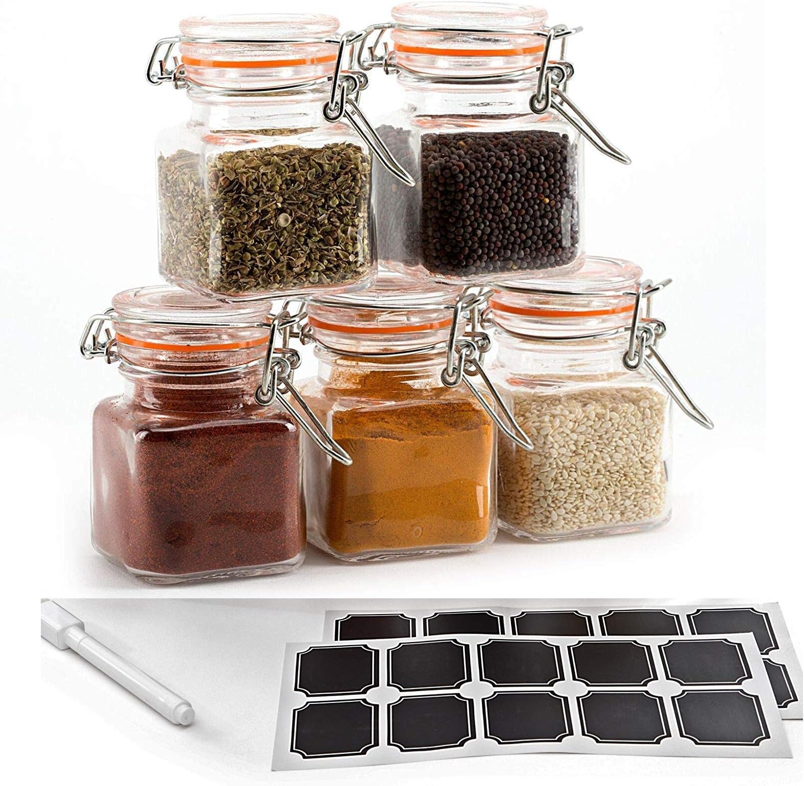 24 Pack - 3.4 Ounce Mini Square Glass Spice Jar with Orange Flip-Top Gasket, Airtight Clear Storage Jars, with REUSABLE labels and Pen by Premium Vials
