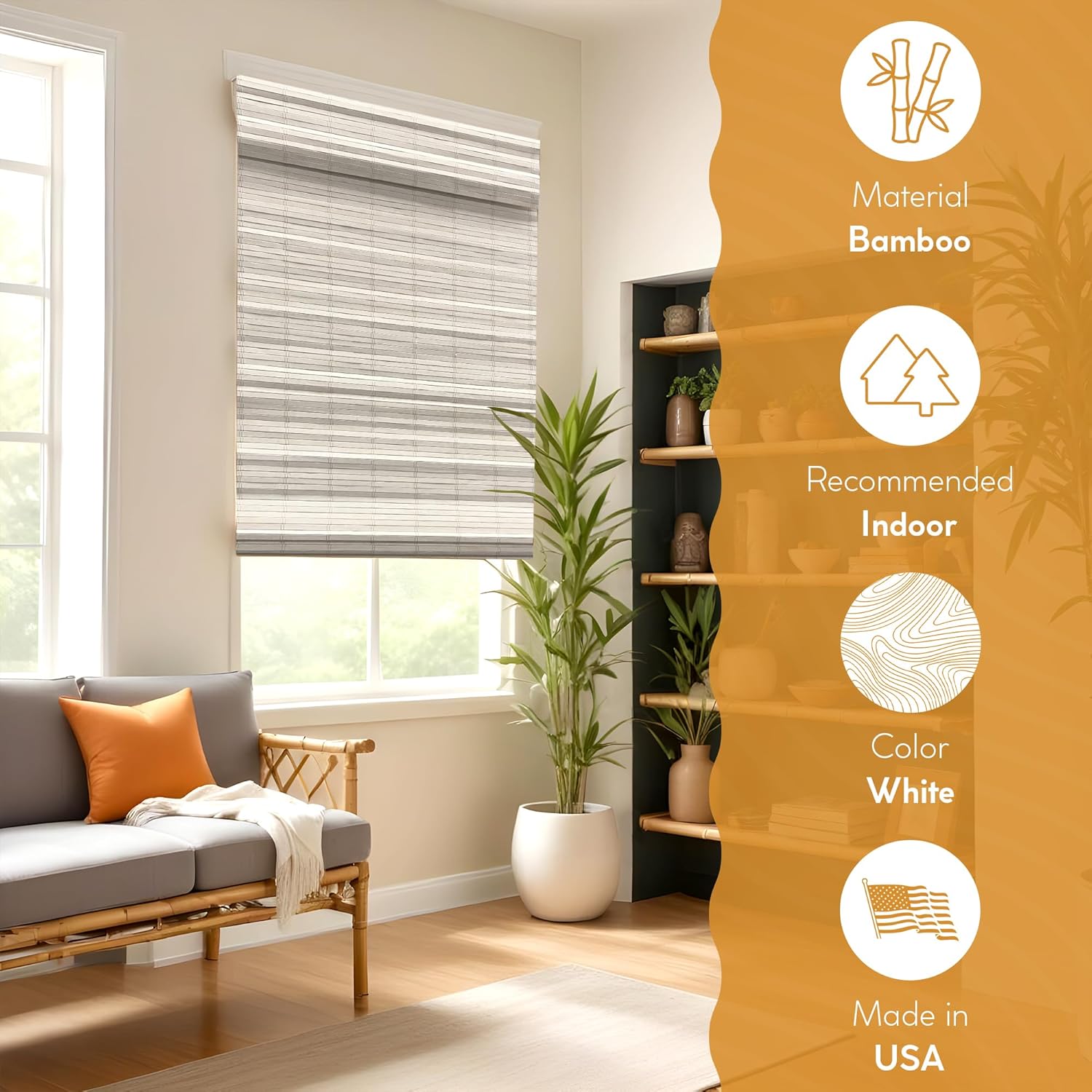 Radiance Cordless Distressed White Brooklyn Flatstick Bamboo Roman Shade - 39 in. W x 64 in. L