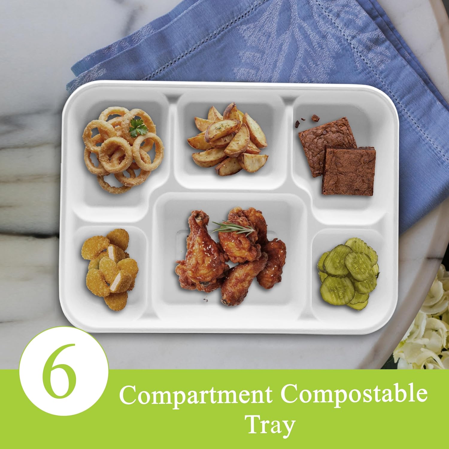 three leaf 6 Compartment Bagasse Tray 50 Ct. Heavy Duty, Super Strong,Eco Friendly Disposable Bagasse Plates,100% Biodegradable Plates, Microwave and Freezer Safe, Ideal for Party, Dinner and Picnic
