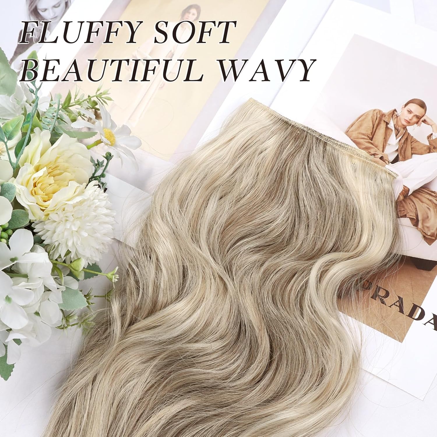 NAYOO Clip in Hair Extensions for Women 14 Inch Short Wavy Curly Ash Brown Mix Platinum Blonde Hair Extension 6PCS Synthetic Hair Extension Hairpieces (Ash Brown Mix Platinum Blonde)